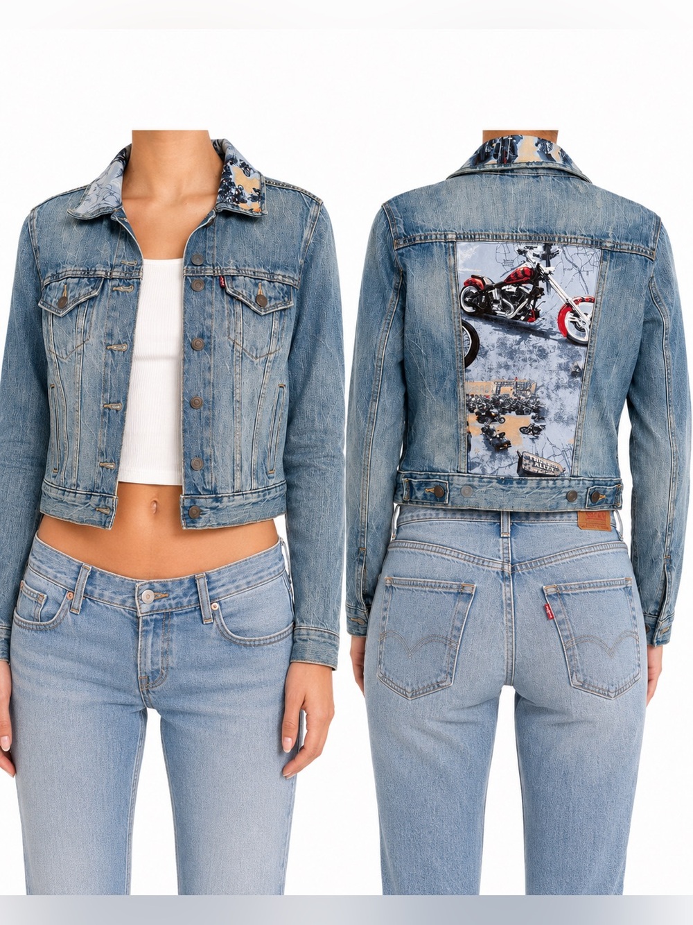 Levi’s XS Custom Motorcycle Graphic Cropped Denim Trucker Jacket
